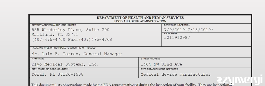 FDANews 483 Klyo Medical Systems, Inc. Jul 18 2019 top