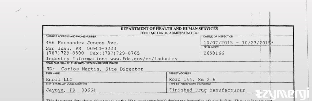 FDANews 483 Knoll LLC Oct 23 2015 top