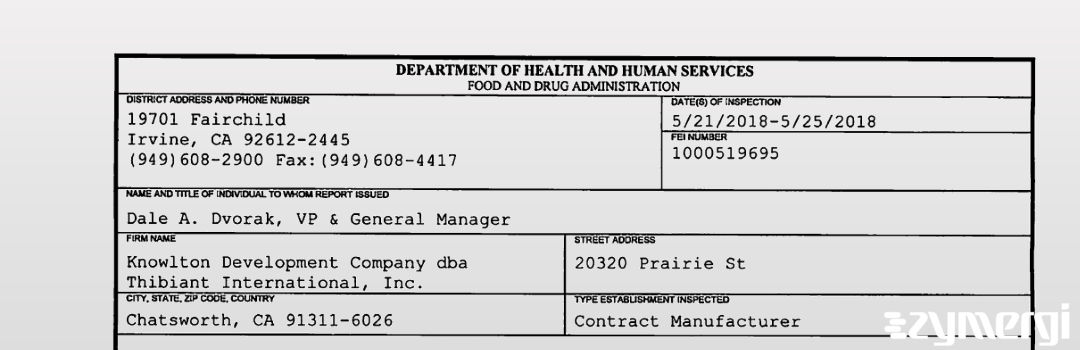 FDANews 483 Knowlton Development Company dba Thibiant International, Inc. May 25 2018 top