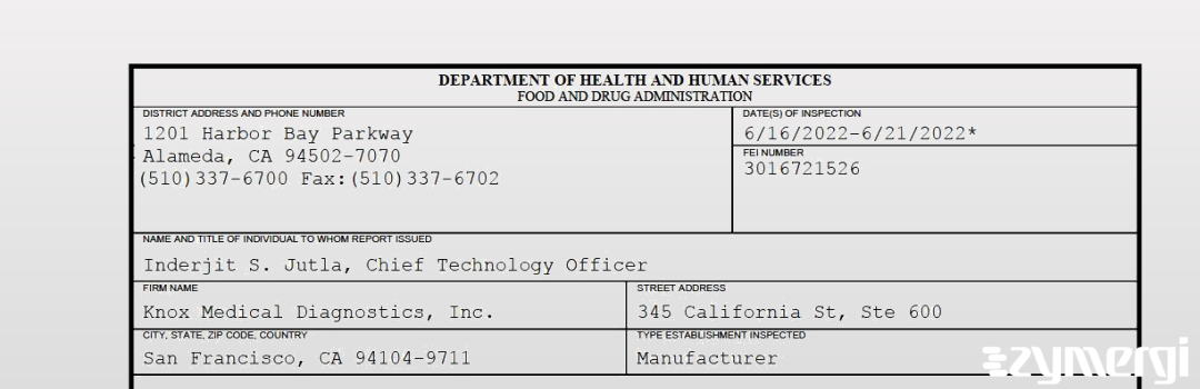 FDANews 483 Knox Medical Diagnostics, Inc. Jun 21 2022 top