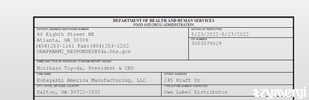 FDANews 483 Kobayashi America Manufacturing, LLC May 27 2022 top