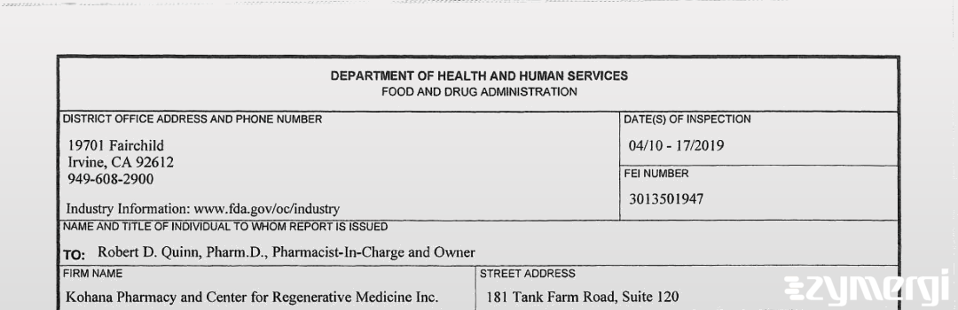 FDANews 483 Kohana Pharmacy and Center for Regenerative Medicine Inc. Apr 17 2019 top