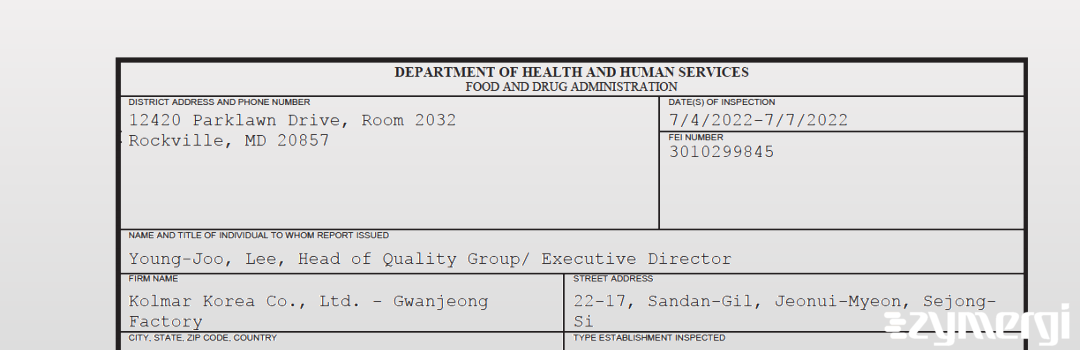 FDANews 483 Kolmar Korea Co., Ltd. - Gwanjeong Factory Jul 7 2022 top