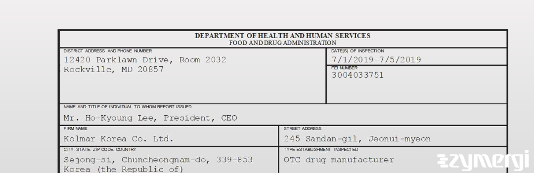 FDANews 483 Kolmar Korea Co. Ltd. Jul 5 2019 top