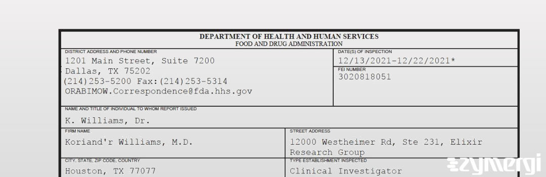 FDANews 483 Koriand'r Williams, M.D. Dec 22 2021 top