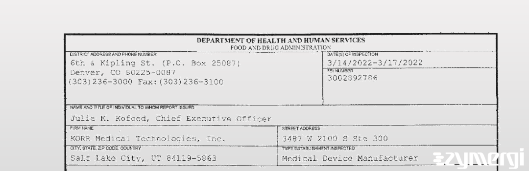 FDANews 483 KORR Medical Technologies, Inc. Mar 17 2022 top