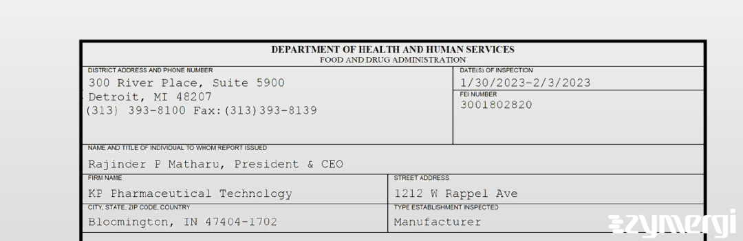 FDANews 483 KP Pharmaceutical Technology Feb 3 2023 top