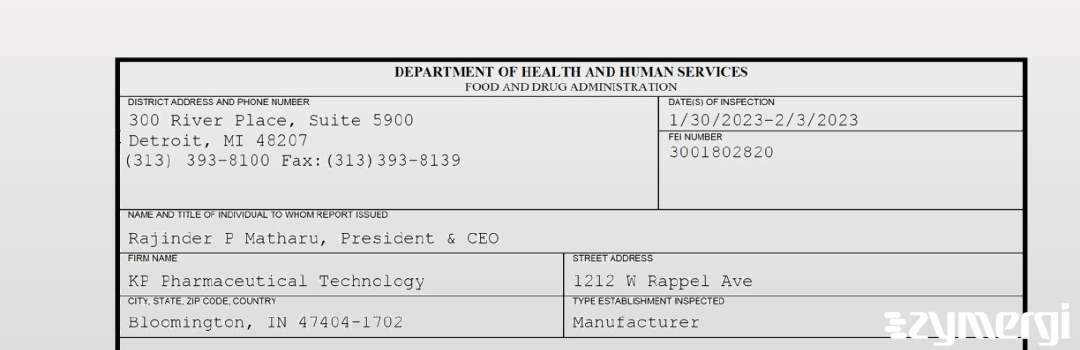 FDANews 483 KP Pharmaceutical Technology Feb 3 2023 top