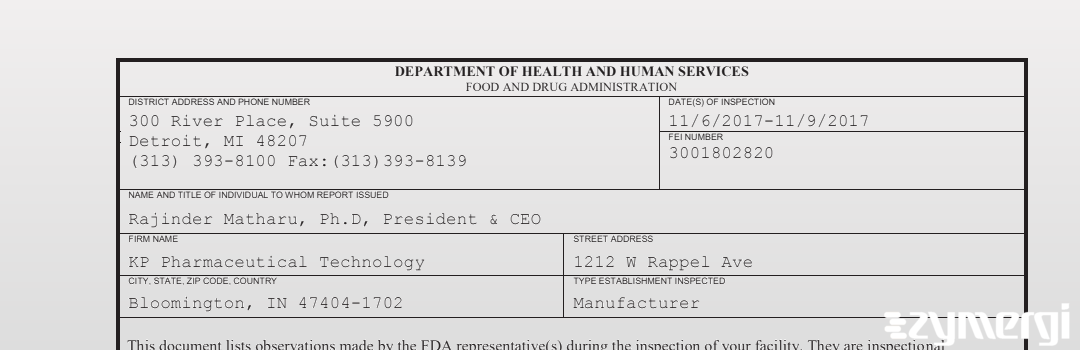 FDANews 483 KP Pharmaceutical Technology Nov 9 2017 top