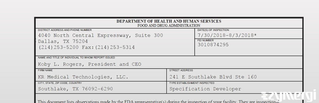 FDANews 483 KR Medical Technologies, LLC. Aug 3 2018 top