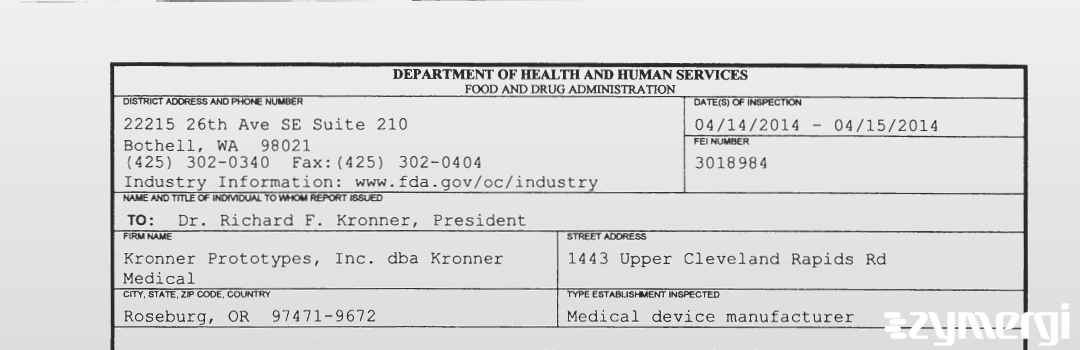 FDAzilla 483 Kronner Prototypes, Inc. dba Kronner Medical Apr 15 2014 top