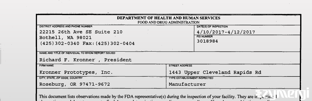 FDANews 483 Kronner Prototypes, Inc. dba Kronner Medical Apr 12 2017 top