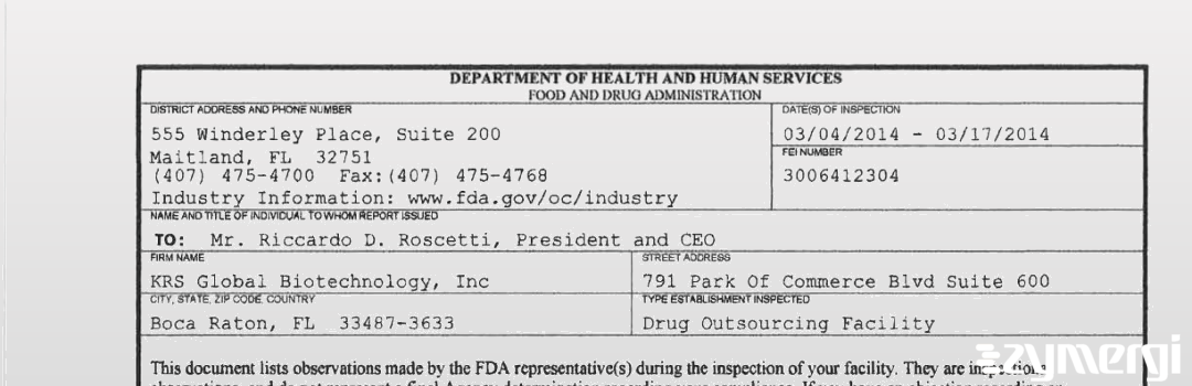 FDANews 483 KRS Global Biotechnology, Inc Mar 17 2014 top