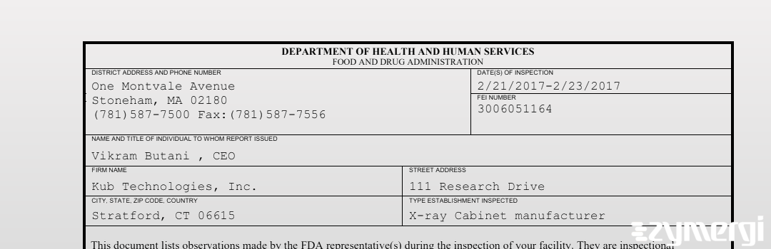 FDANews 483 Kub Technologies, Inc. Feb 23 2017 top