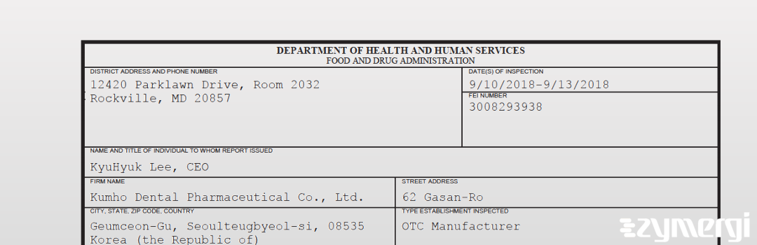 FDANews 483 Kumho Dental Pharmaceutical Co., Ltd. Sep 13 2018 top