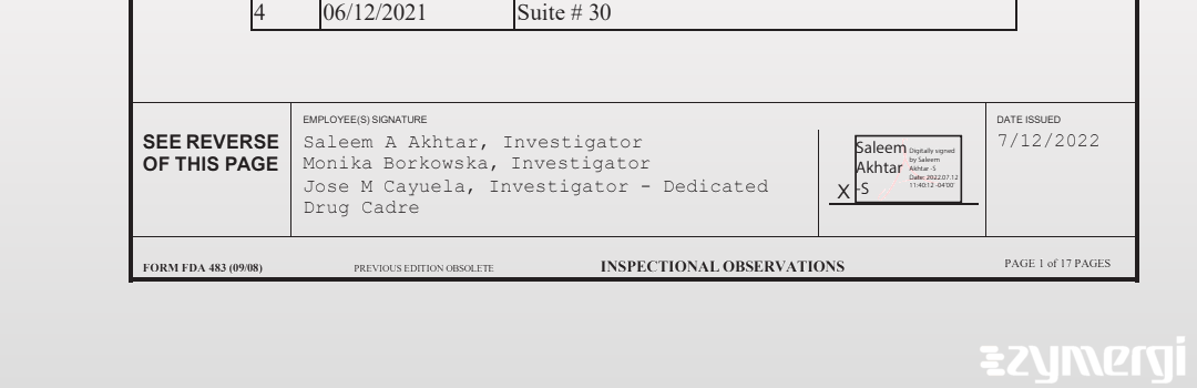 Jose M. Cayuela FDA Investigator Saleem A. Akhtar FDA Investigator Monika Borkowska FDA Investigator 