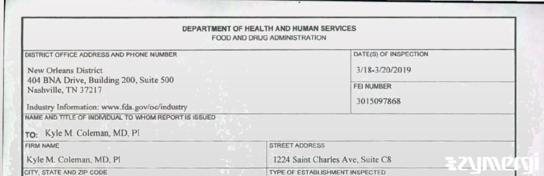 FDANews 483 Kyle Coleman, M.D. Mar 20 2019 top