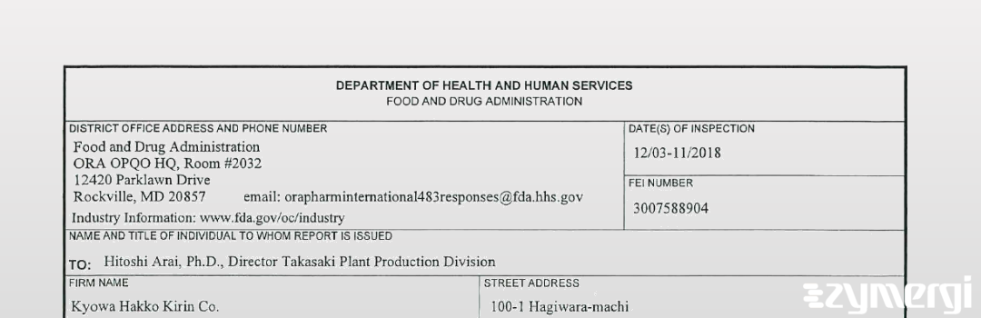 FDANews 483 Kyowa Hakko Kirin Co., Ltd. Dec 11 2018 top