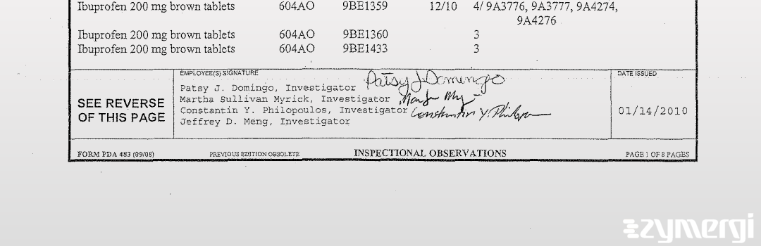 Constantin Y. Philopoulos FDA Investigator Jeffrey D. Meng FDA Investigator Martha Sullivan Myrick FDA Investigator Patsy J. Domingo FDA Investigator Sullivan Myrick, Martha FDA Investigator 