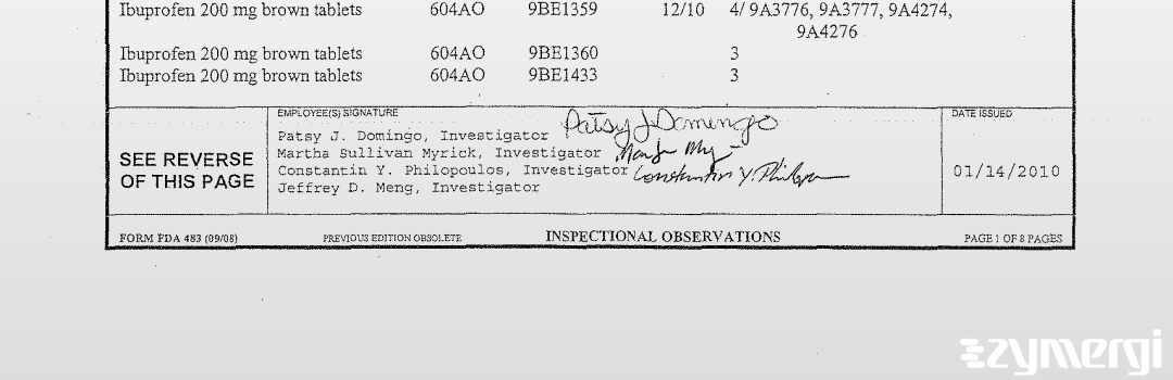 Constantin Y. Philopoulos FDA Investigator Jeffrey D. Meng FDA Investigator Martha Sullivan Myrick FDA Investigator Patsy J. Domingo FDA Investigator