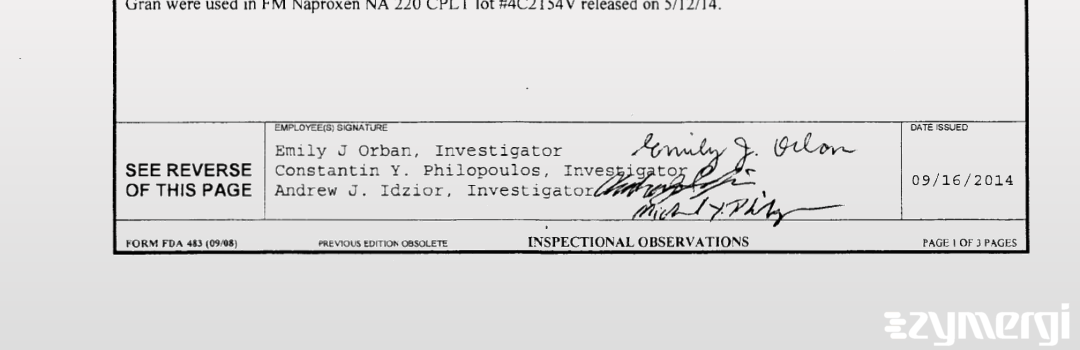 Constantin Y. Philopoulos FDA Investigator Emily J. Orban FDA Investigator Andrew J. Idzior FDA Investigator