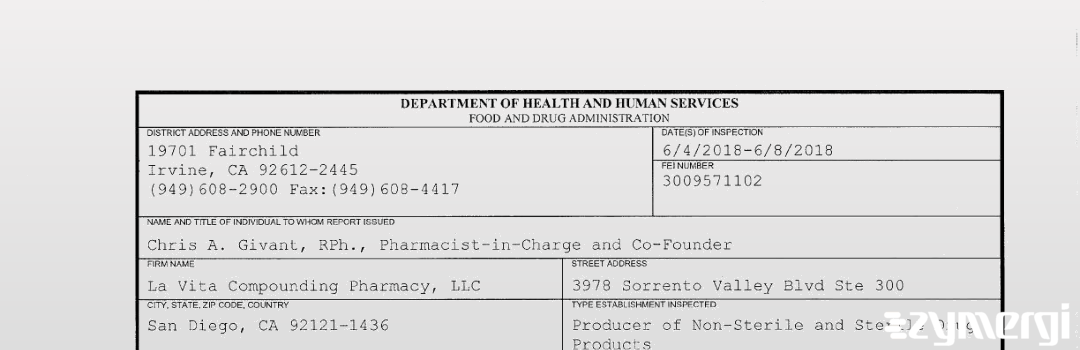 FDANews 483 La Vita Compounding Pharmacy, LLC Jun 8 2018 top