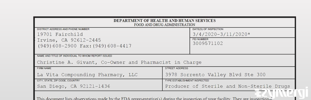 FDANews 483 La Vita Compounding Pharmacy, LLC Mar 11 2020 top