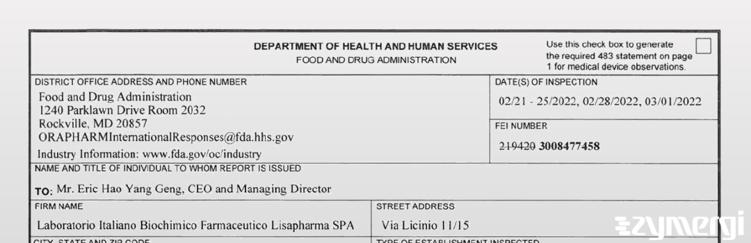FDANews 483 Laboratorio Italiano Biochimico Farmaceutico Lisapharma SPA Mar 1 2022 top