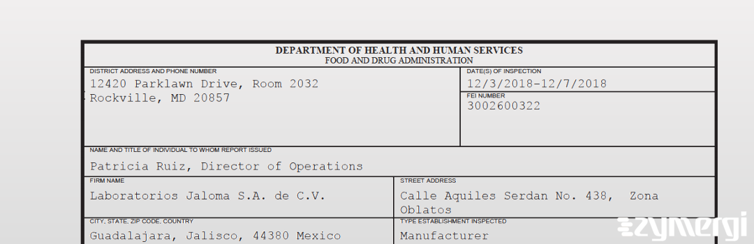 FDANews 483 Laboratorios Jaloma S.A. de C.V. Dec 7 2018 top