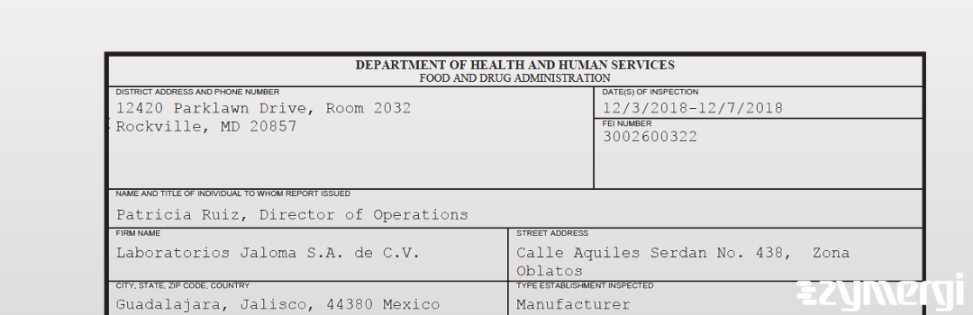 FDANews 483 Laboratorios Jaloma S.A. de C.V. Dec 7 2018 top