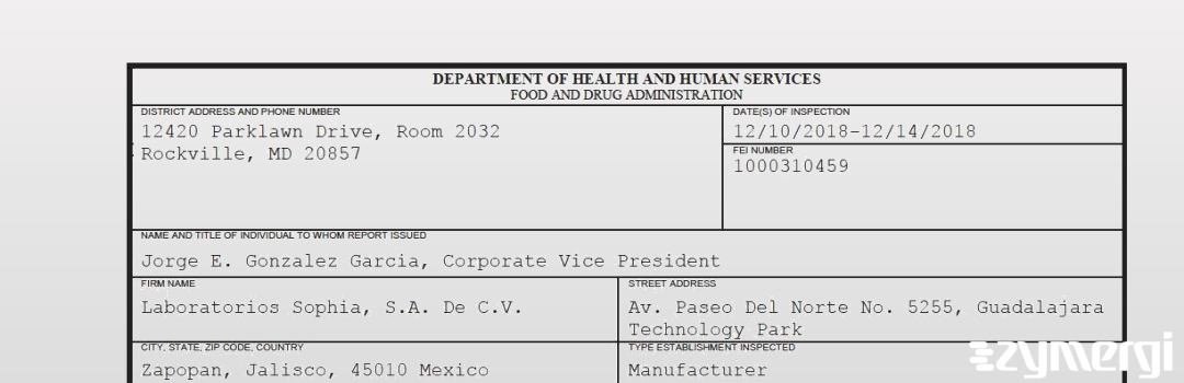 FDANews 483 Laboratorios Sophia, S.A. De C.V. Dec 14 2018 top