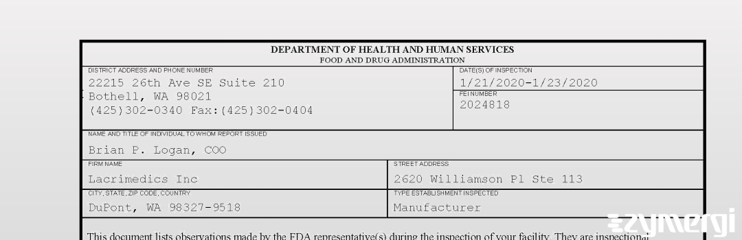 FDANews 483 Lacrimedics Inc Jan 23 2020 top