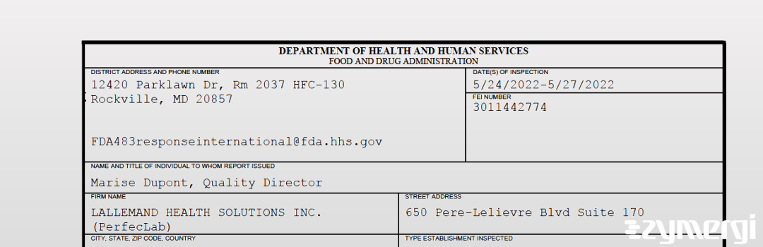 FDANews 483 LALLEMAND HEALTH SOLUTIONS INC. (PerfecLab) May 27 2022 top