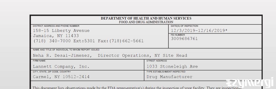 FDANews 483 Lannett Company Inc. Dec 16 2019 top