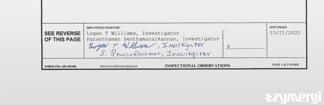 Logan T. Williams FDA Investigator Paranthaman SenthamaraiKannan FDA Investigator 