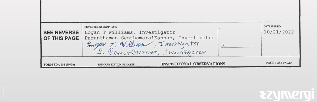 Logan T. Williams FDA Investigator Paranthaman SenthamaraiKannan FDA Investigator