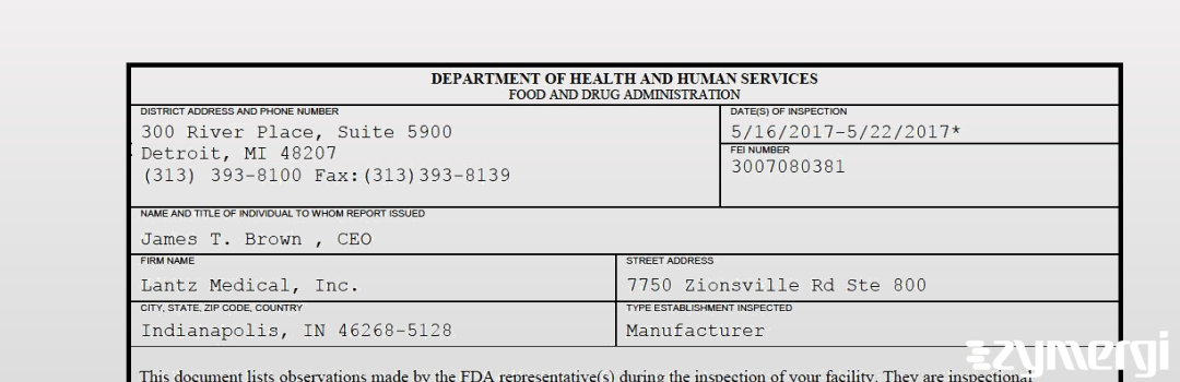 FDANews 483 Lantz Medical, Inc. May 22 2017 top