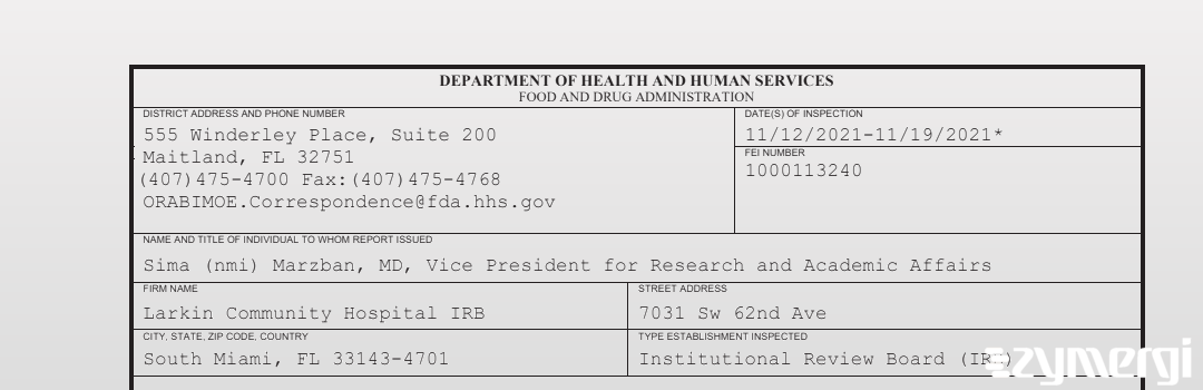 FDANews 483 Larkin Community Hospital IRB Nov 19 2021 top