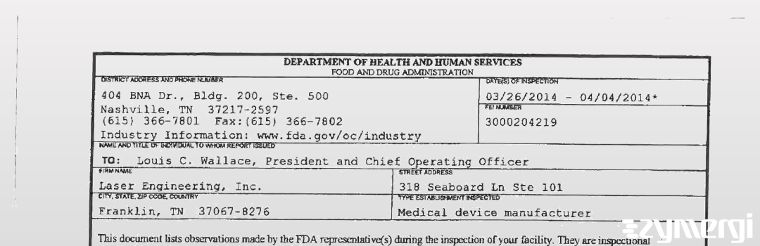 FDANews 483 Laser Engineering, Inc. Apr 4 2014 top