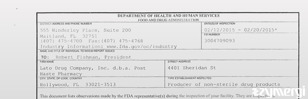 FDANews 483 Lato Drug Company Inc. dba Post Haste Pharmacy Feb 20 2015 top