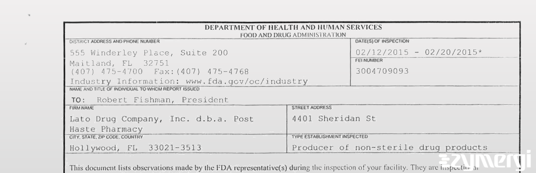 FDANews 483 Lato Drug Company Inc. dba Post Haste Pharmacy Feb 20 2015 top