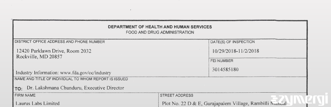 FDANews 483 Laurus Labs Limited Nov 2 2018 top