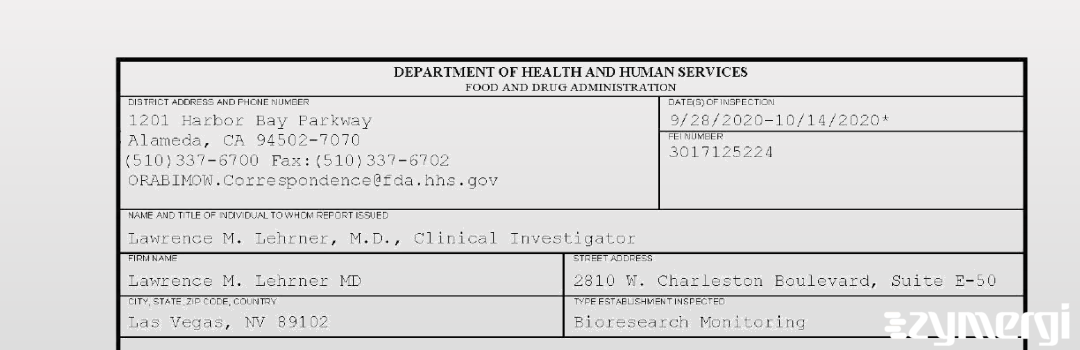 FDANews 483 Lawrence M. Lehrner MD Oct 14 2020 top