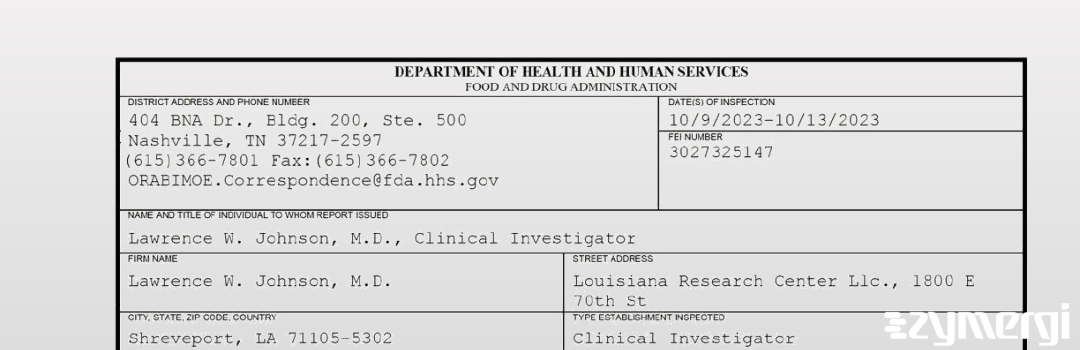 FDANews 483 Lawrence W. Johnson, M.D. Oct 13 2023 top