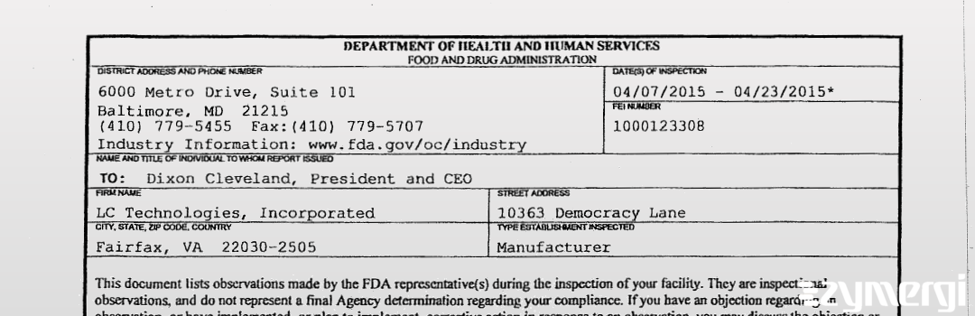 FDANews 483 LC Technologies, Incorporated Apr 23 2015 top