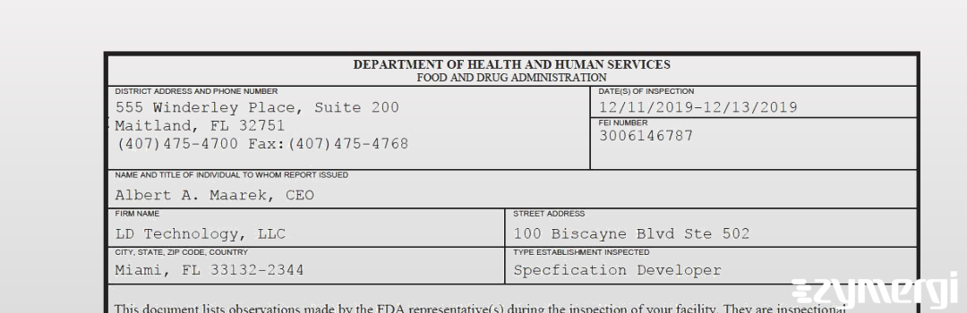 FDANews 483 LD Technology, LLC Dec 13 2019 top