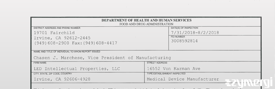 FDANews 483 LED Intellectual Properties, LLC Aug 2 2018 top