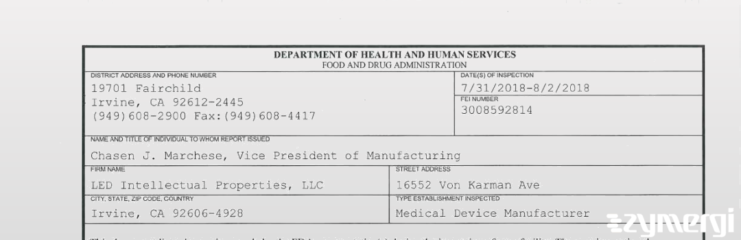 FDANews 483 LED Intellectual Properties, LLC Aug 2 2018 top