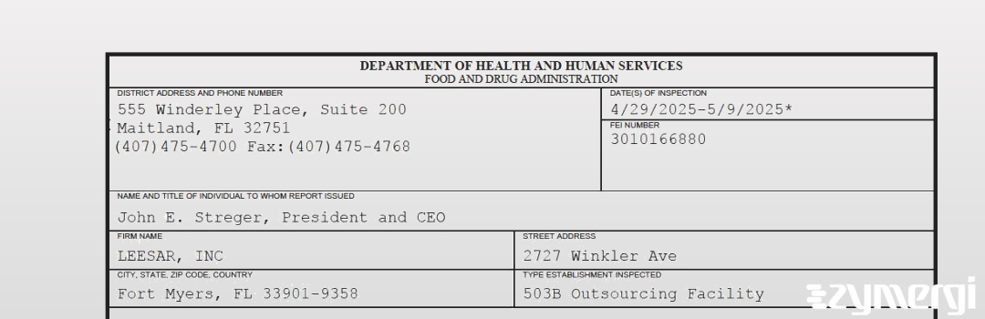 FDANews 483 LEESAR, INC May 9 2025 top