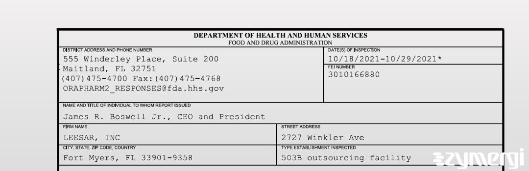 FDANews 483 LEESAR, INC Oct 29 2021 top